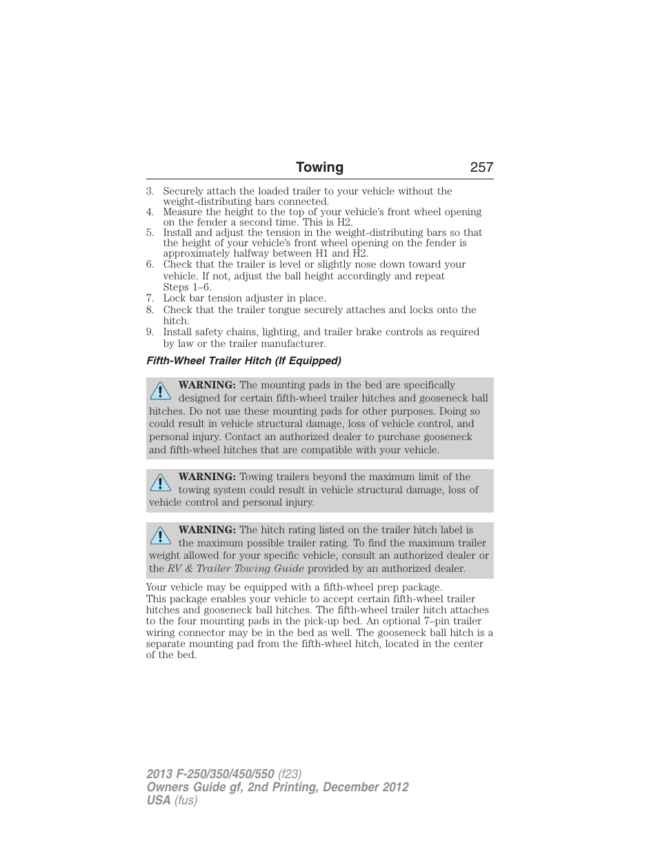 Fifth-wheel trailer hitch (if equipped), Towing 257 | FORD 2013 F-550 v.2 User Manual | Page 258 / 579