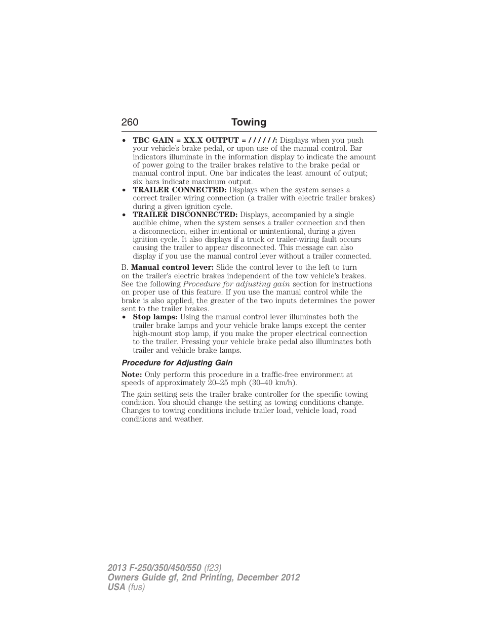 Procedure for adjusting gain, 260 towing | FORD 2013 F-550 v.2 User Manual | Page 261 / 579