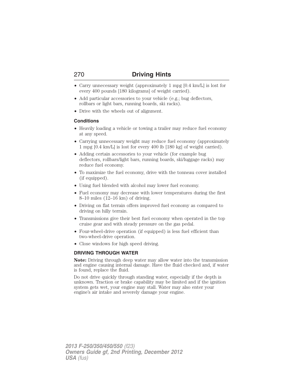 Conditions, Driving through water, 270 driving hints | FORD 2013 F-550 v.2 User Manual | Page 271 / 579