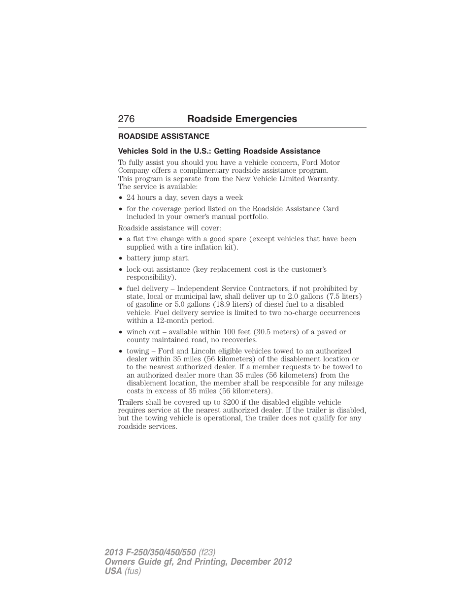 Roadside emergencies, Roadside assistance, Getting roadside assistance | 276 roadside emergencies | FORD 2013 F-550 v.2 User Manual | Page 277 / 579