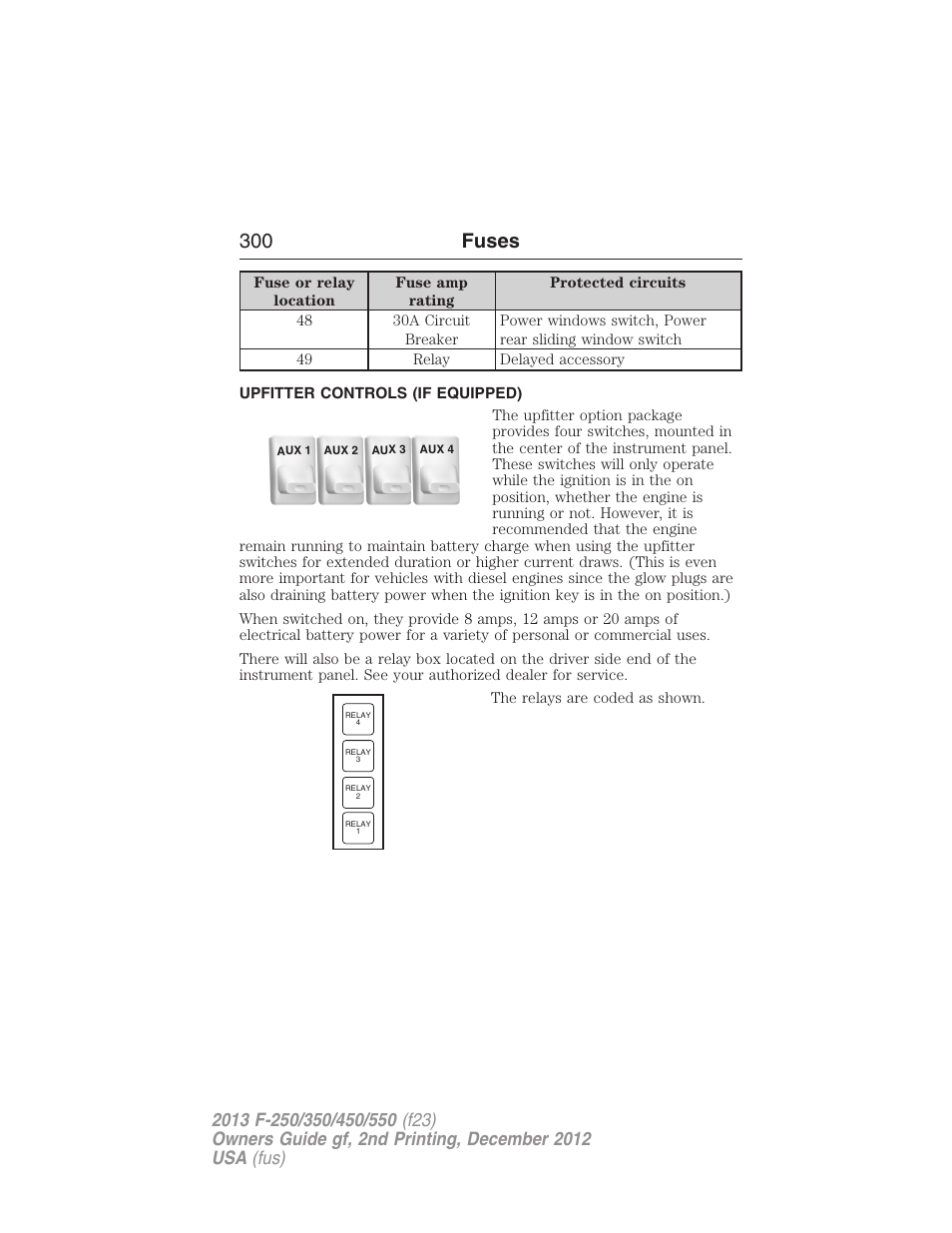 Upfitter controls (if equipped), Upfitter controls, 300 fuses | FORD 2013 F-550 v.2 User Manual | Page 301 / 579