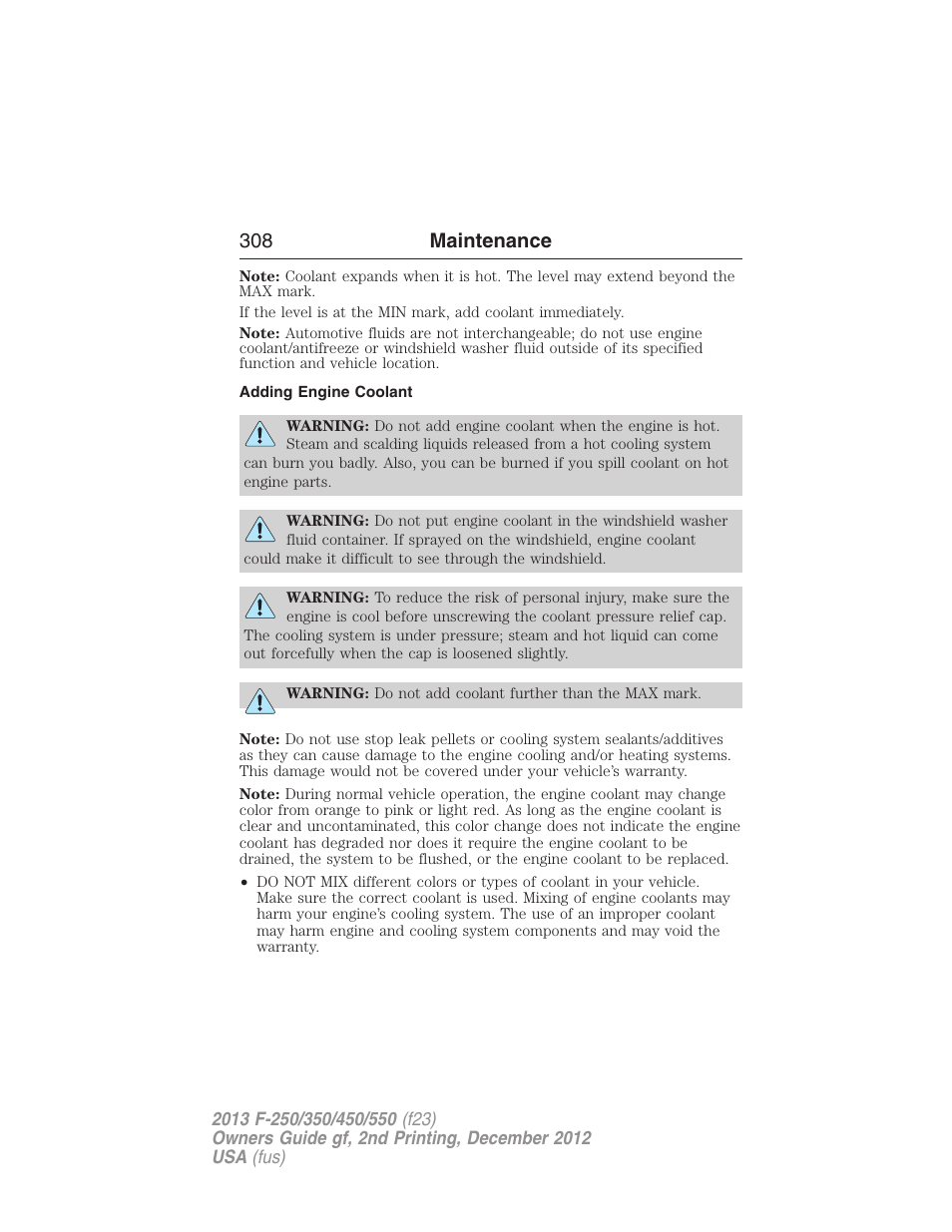 Adding engine coolant, 308 maintenance | FORD 2013 F-550 v.2 User Manual | Page 309 / 579