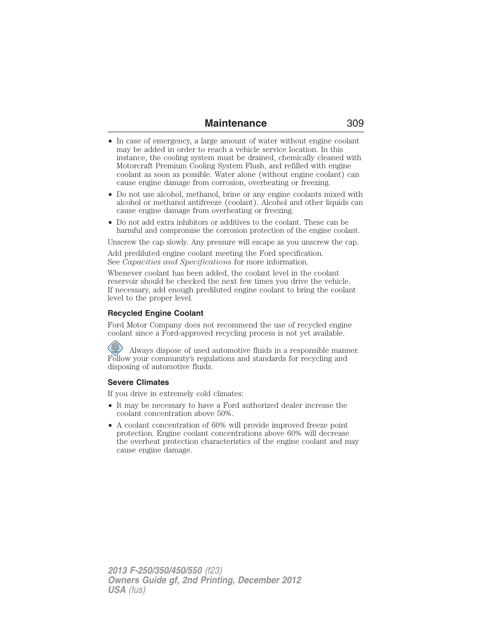 Recycled engine coolant, Severe climates, Maintenance 309 | FORD 2013 F-550 v.2 User Manual | Page 310 / 579