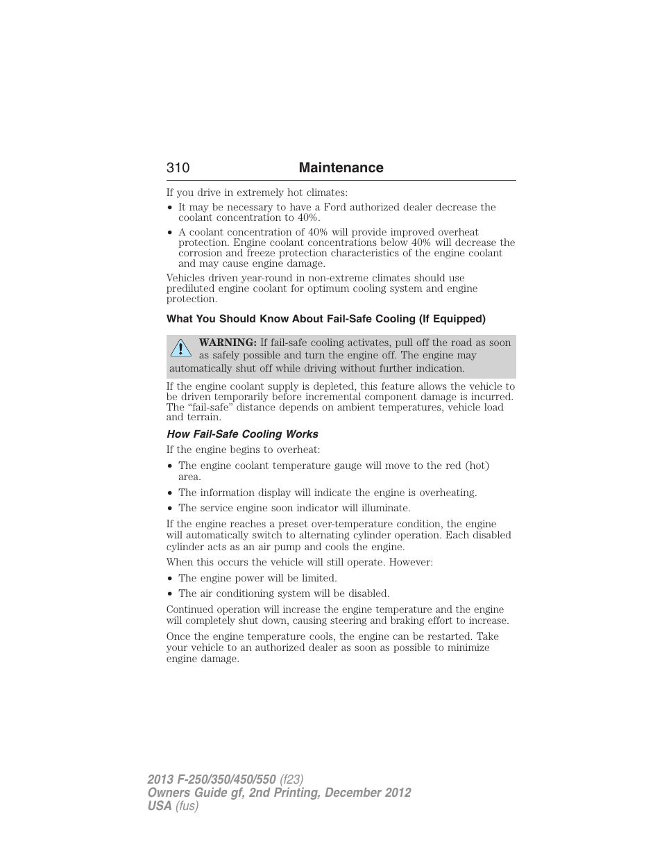 How fail-safe cooling works, 310 maintenance | FORD 2013 F-550 v.2 User Manual | Page 311 / 579