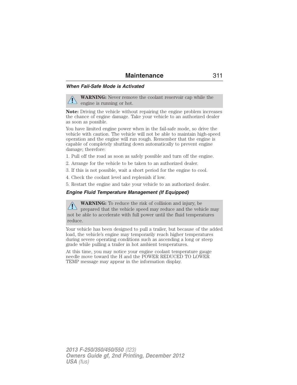 When fail-safe mode is activated, Engine fluid temperature management (if equipped), Maintenance 311 | FORD 2013 F-550 v.2 User Manual | Page 312 / 579