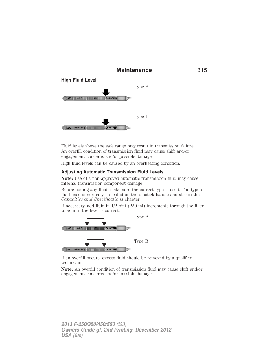 High fluid level, Adjusting automatic transmission fluid levels, Maintenance 315 | FORD 2013 F-550 v.2 User Manual | Page 316 / 579