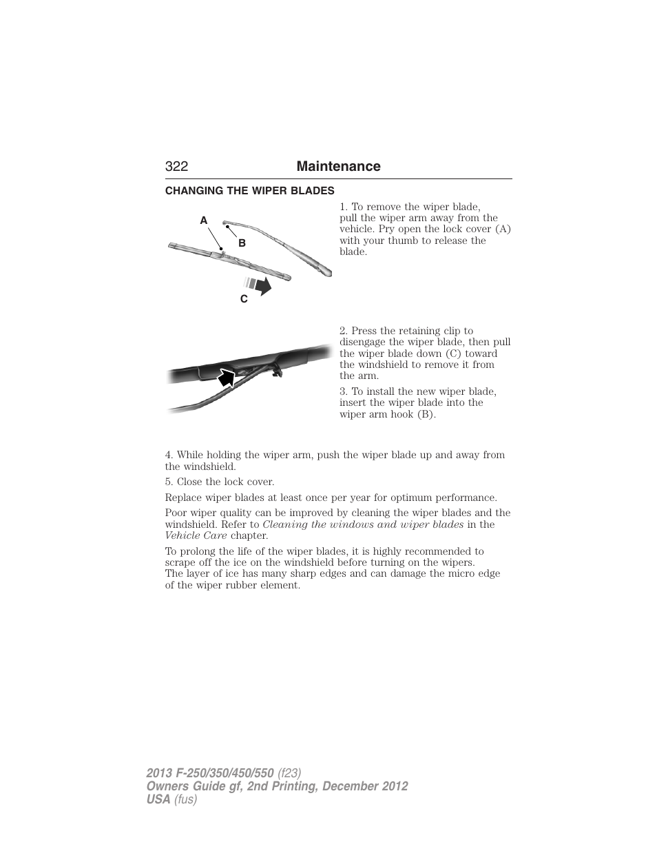 Changing the wiper blades, 322 maintenance | FORD 2013 F-550 v.2 User Manual | Page 323 / 579