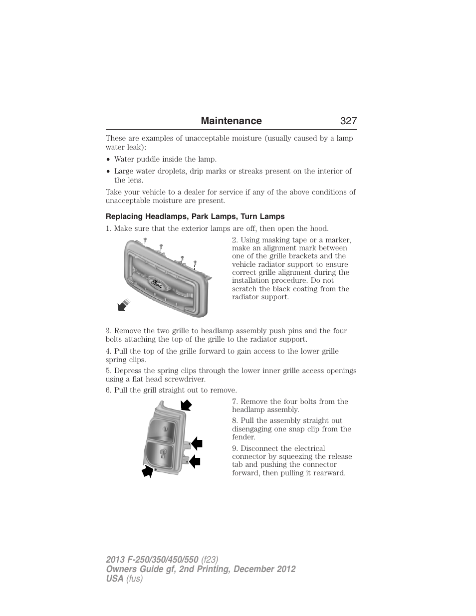 Replacing headlamps, park lamps, turn lamps, Maintenance 327 | FORD 2013 F-550 v.2 User Manual | Page 328 / 579