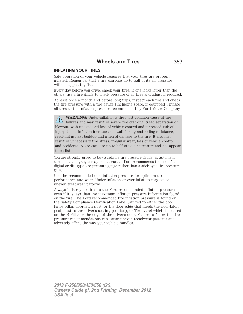Inflating your tires, Wheels and tires 353 | FORD 2013 F-550 v.2 User Manual | Page 354 / 579