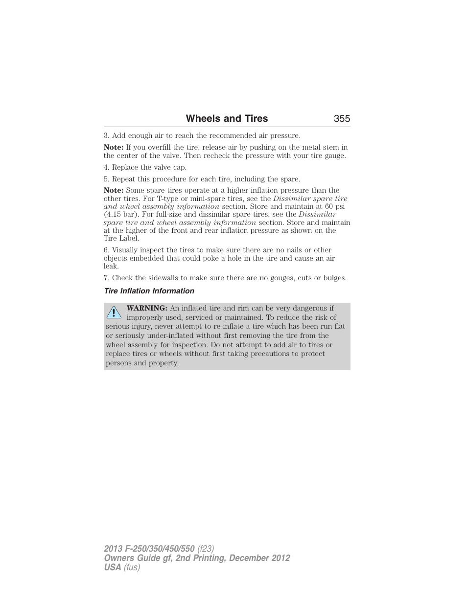 Tire inflation information, Wheels and tires 355 | FORD 2013 F-550 v.2 User Manual | Page 356 / 579