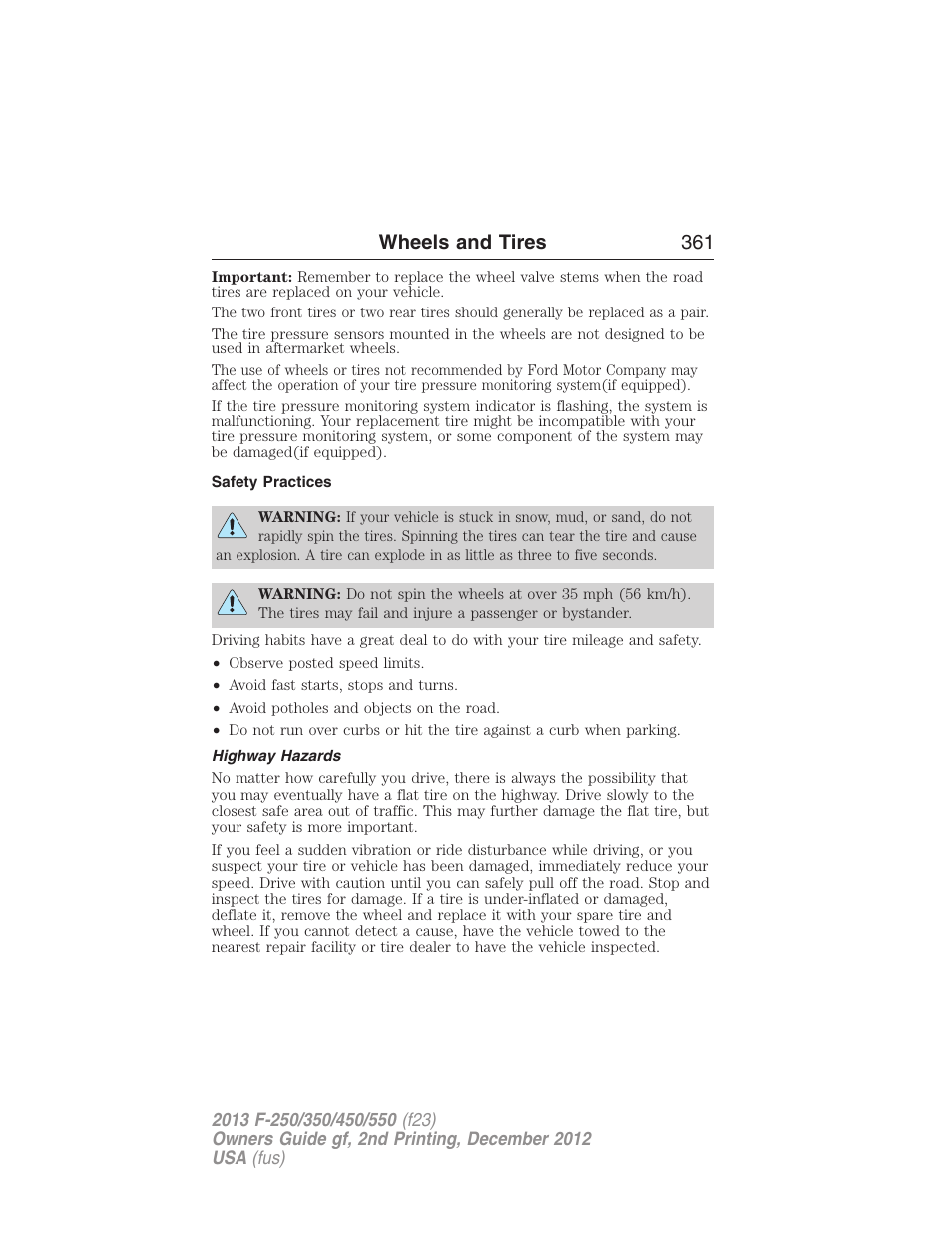 Safety practices, Highway hazards, Wheels and tires 361 | FORD 2013 F-550 v.2 User Manual | Page 362 / 579