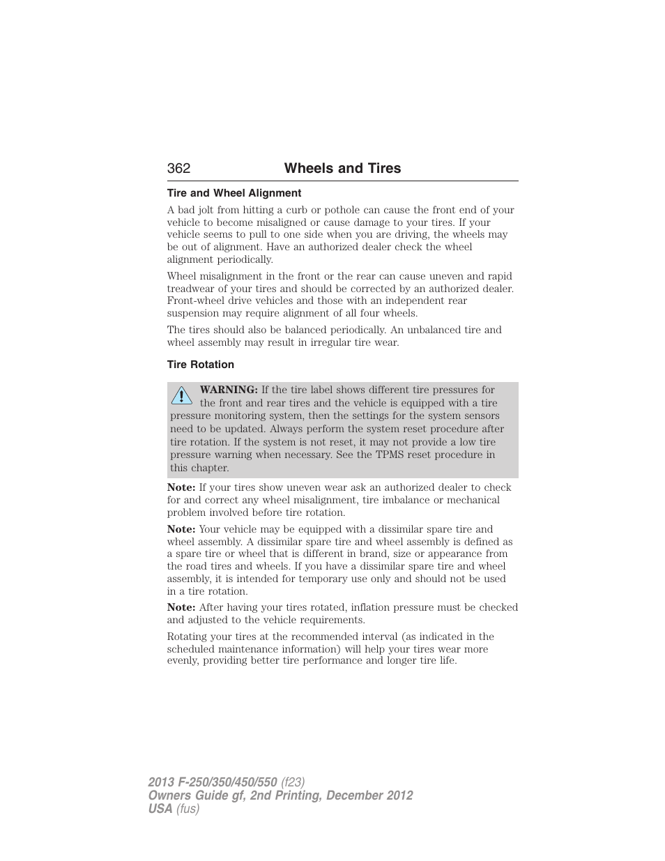 Tire and wheel alignment, Tire rotation, 362 wheels and tires | FORD 2013 F-550 v.2 User Manual | Page 363 / 579