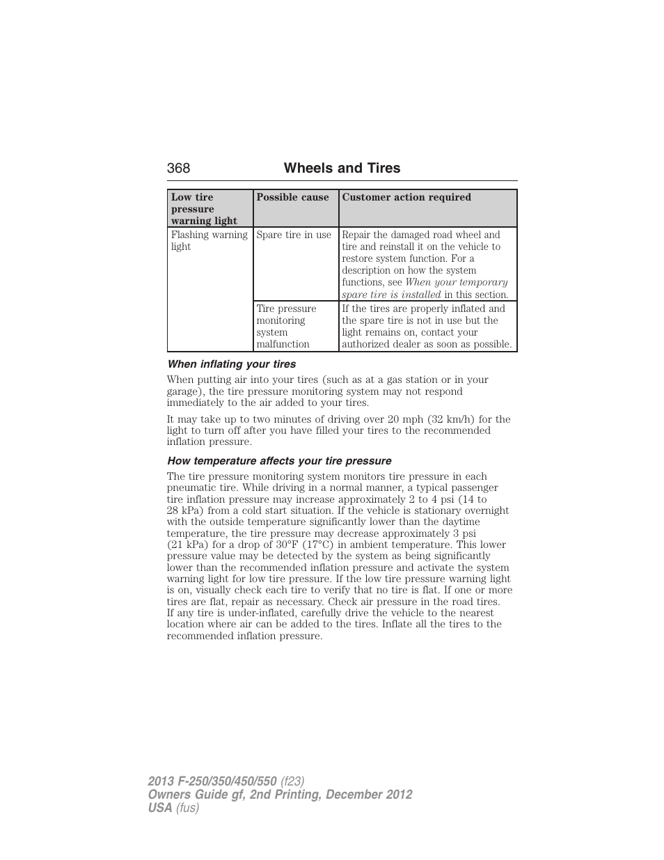 When inflating your tires, How temperature affects your tire pressure, 368 wheels and tires | FORD 2013 F-550 v.2 User Manual | Page 369 / 579