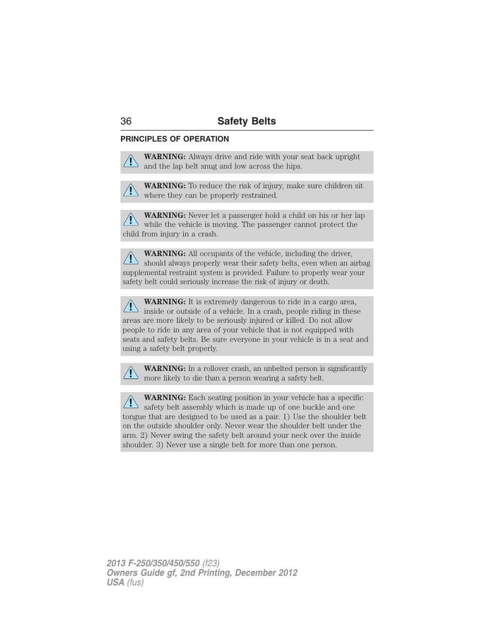 Safety belts, Principles of operation, 36 safety belts | FORD 2013 F-550 v.2 User Manual | Page 37 / 579