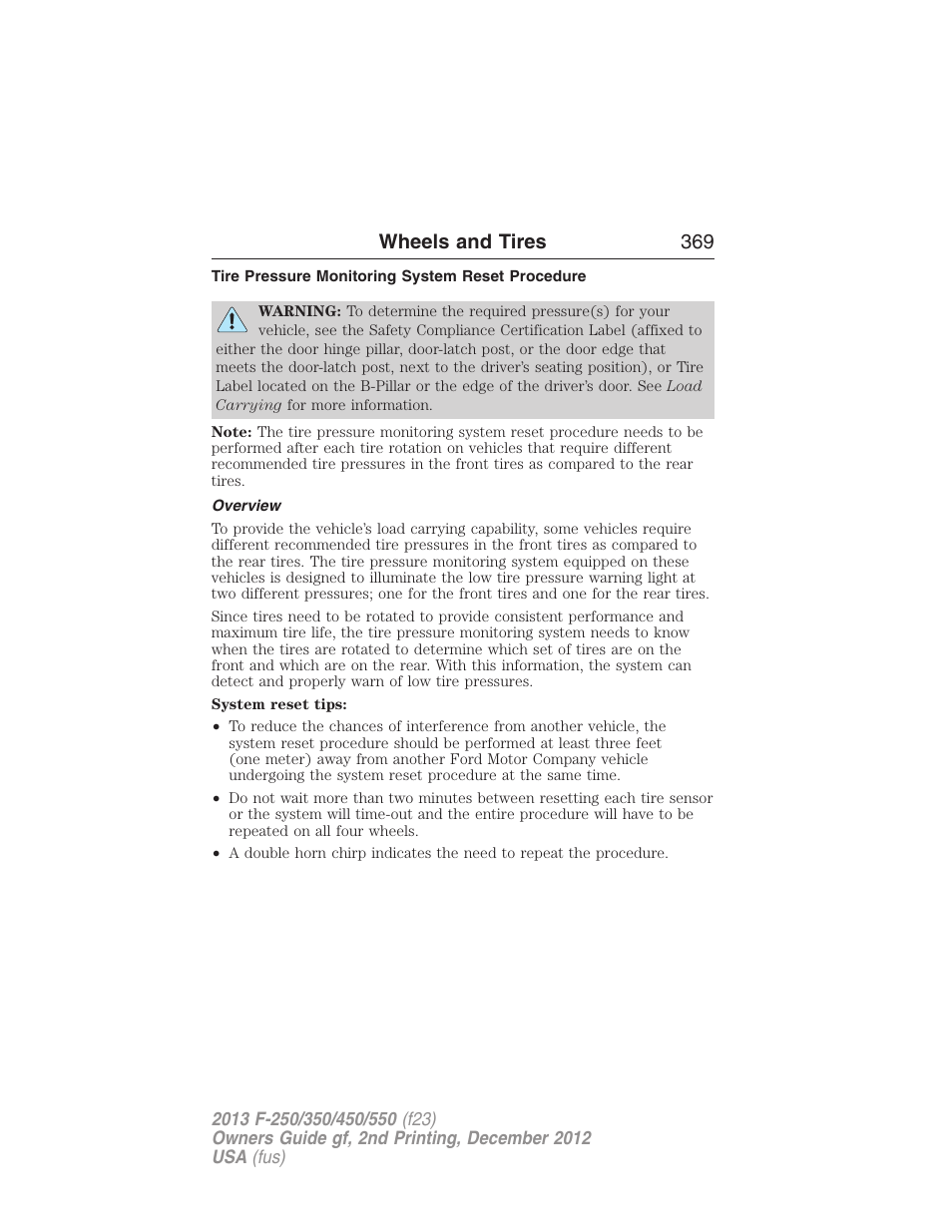 Tire pressure monitoring system reset procedure, Overview, Wheels and tires 369 | FORD 2013 F-550 v.2 User Manual | Page 370 / 579