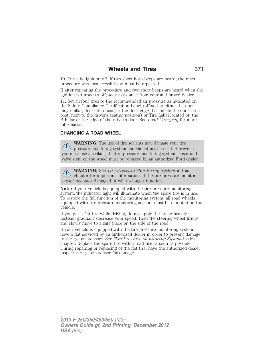Changing a road wheel, Wheels and tires 371 | FORD 2013 F-550 v.2 User Manual | Page 372 / 579