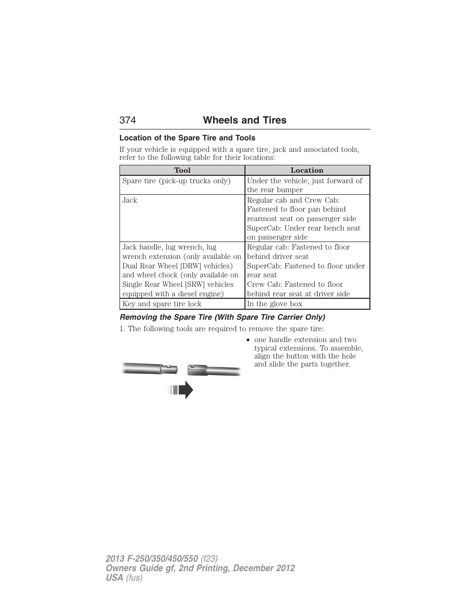 Location of the spare tire and tools, 374 wheels and tires | FORD 2013 F-550 v.2 User Manual | Page 375 / 579