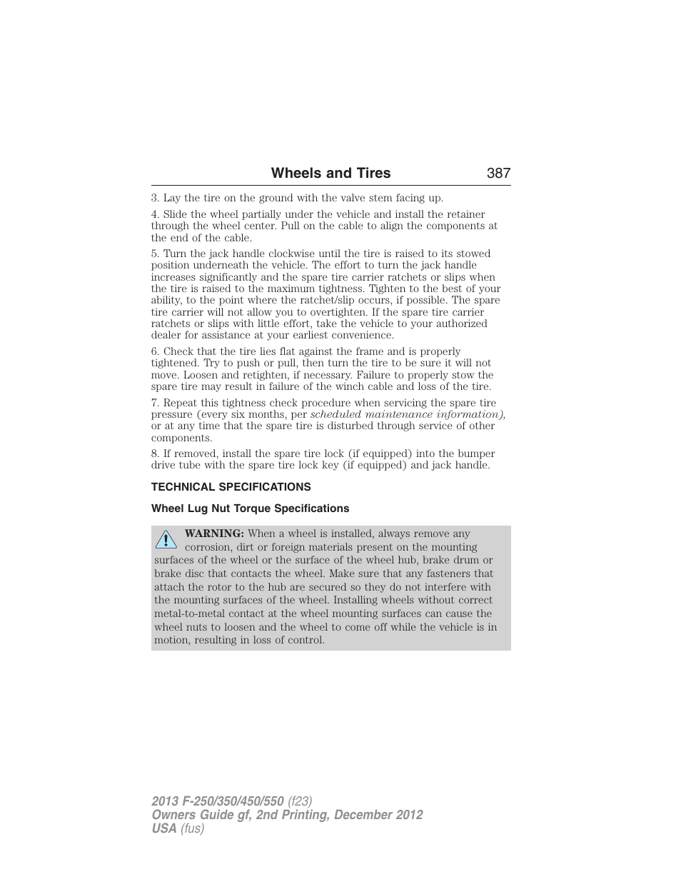 Technical specifications, Wheel lug nut torque specifications, Wheel lug nut torque | Wheels and tires 387 | FORD 2013 F-550 v.2 User Manual | Page 388 / 579