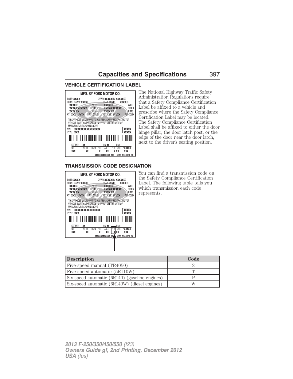 Vehicle certification label, Transmission code designation, Capacities and specifications 397 | FORD 2013 F-550 v.2 User Manual | Page 398 / 579