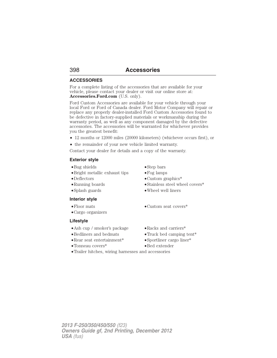 Accessories, Exterior style, Interior style | Lifestyle, 398 accessories | FORD 2013 F-550 v.2 User Manual | Page 399 / 579