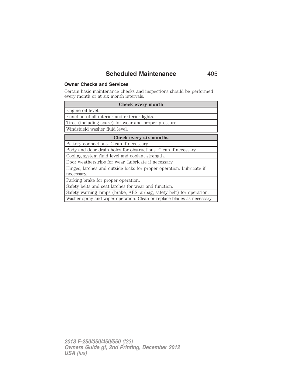 Owner checks and services, Scheduled maintenance 405 | FORD 2013 F-550 v.2 User Manual | Page 406 / 579