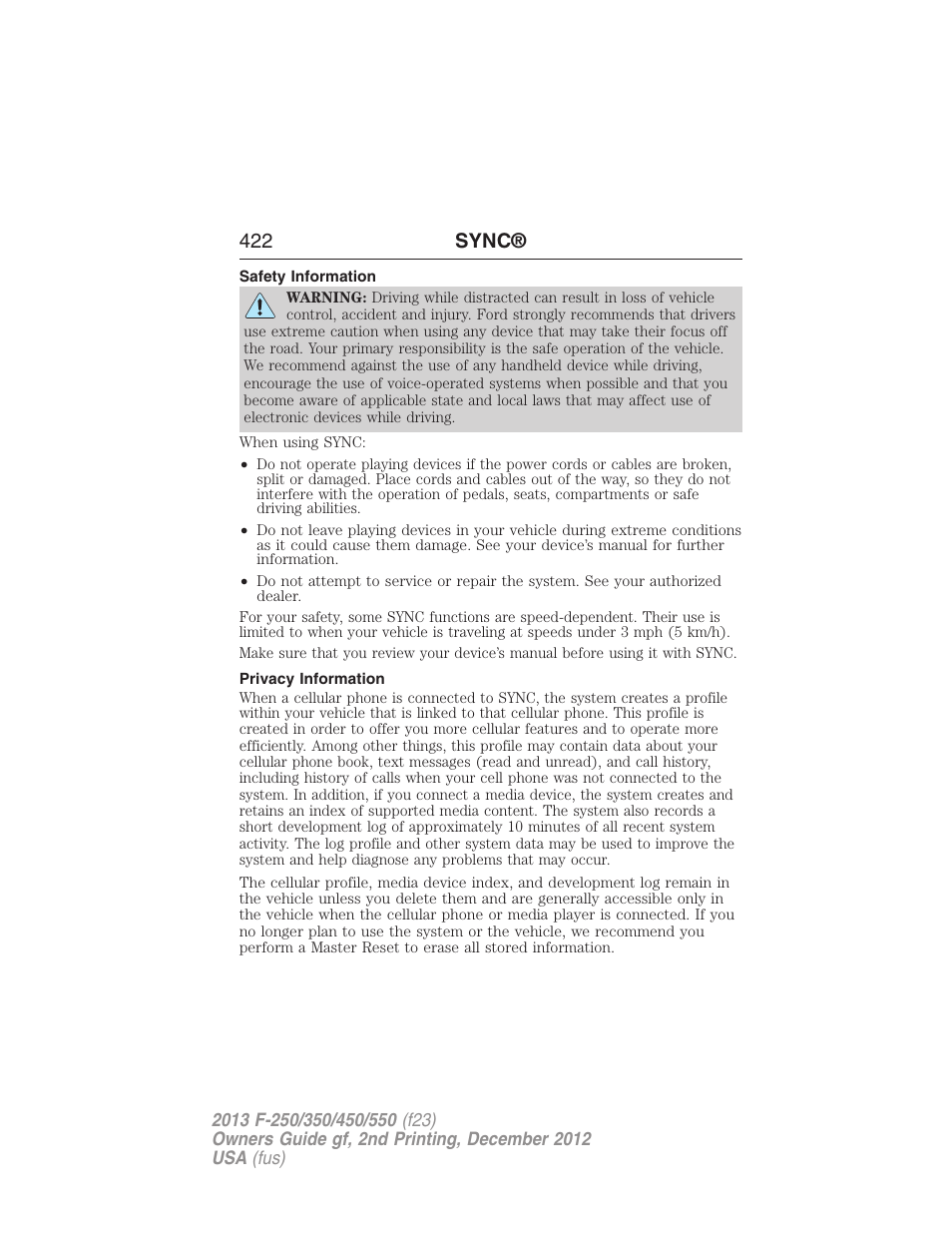 Safety information, Privacy information, 422 sync | FORD 2013 F-550 v.2 User Manual | Page 423 / 579