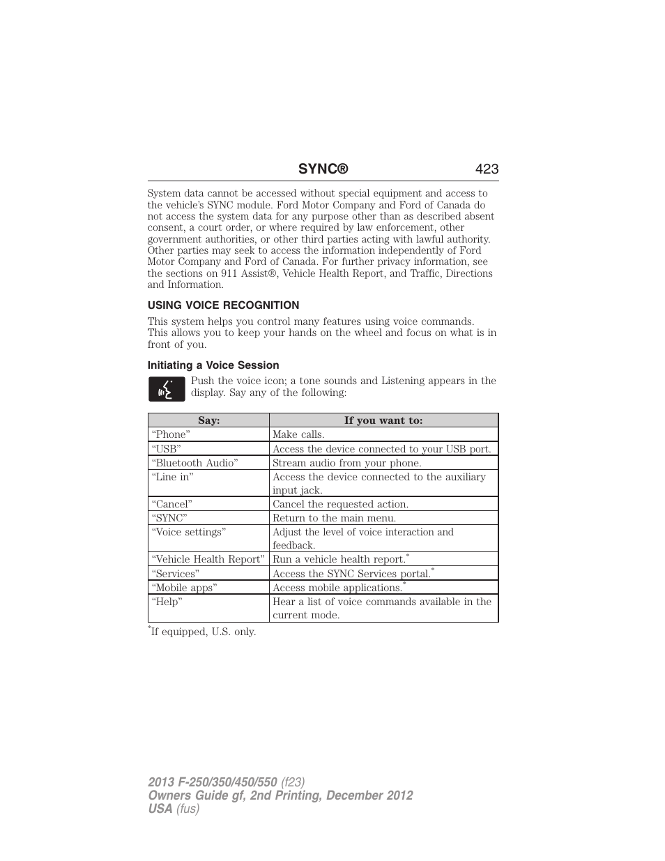 Using voice recognition, Initiating a voice session, Sync® 423 | FORD 2013 F-550 v.2 User Manual | Page 424 / 579