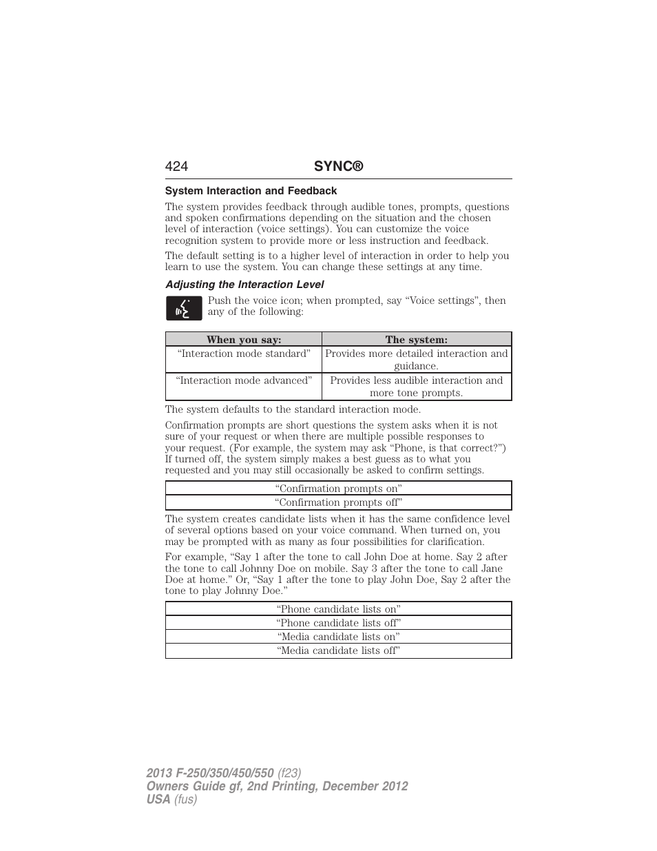 System interaction and feedback, Adjusting the interaction level, 424 sync | FORD 2013 F-550 v.2 User Manual | Page 425 / 579