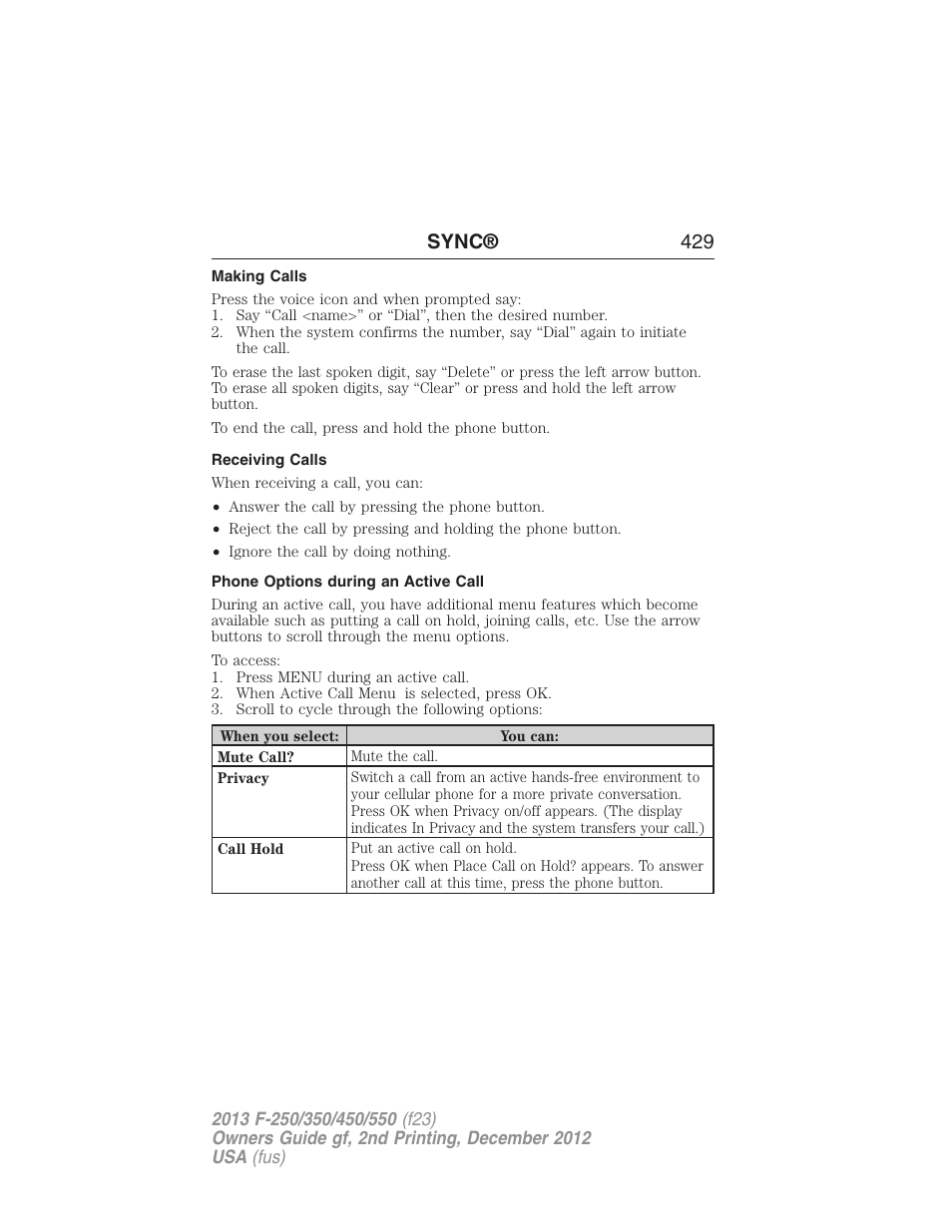 Making calls, Receiving calls, Phone options during an active call | Sync® 429 | FORD 2013 F-550 v.2 User Manual | Page 430 / 579