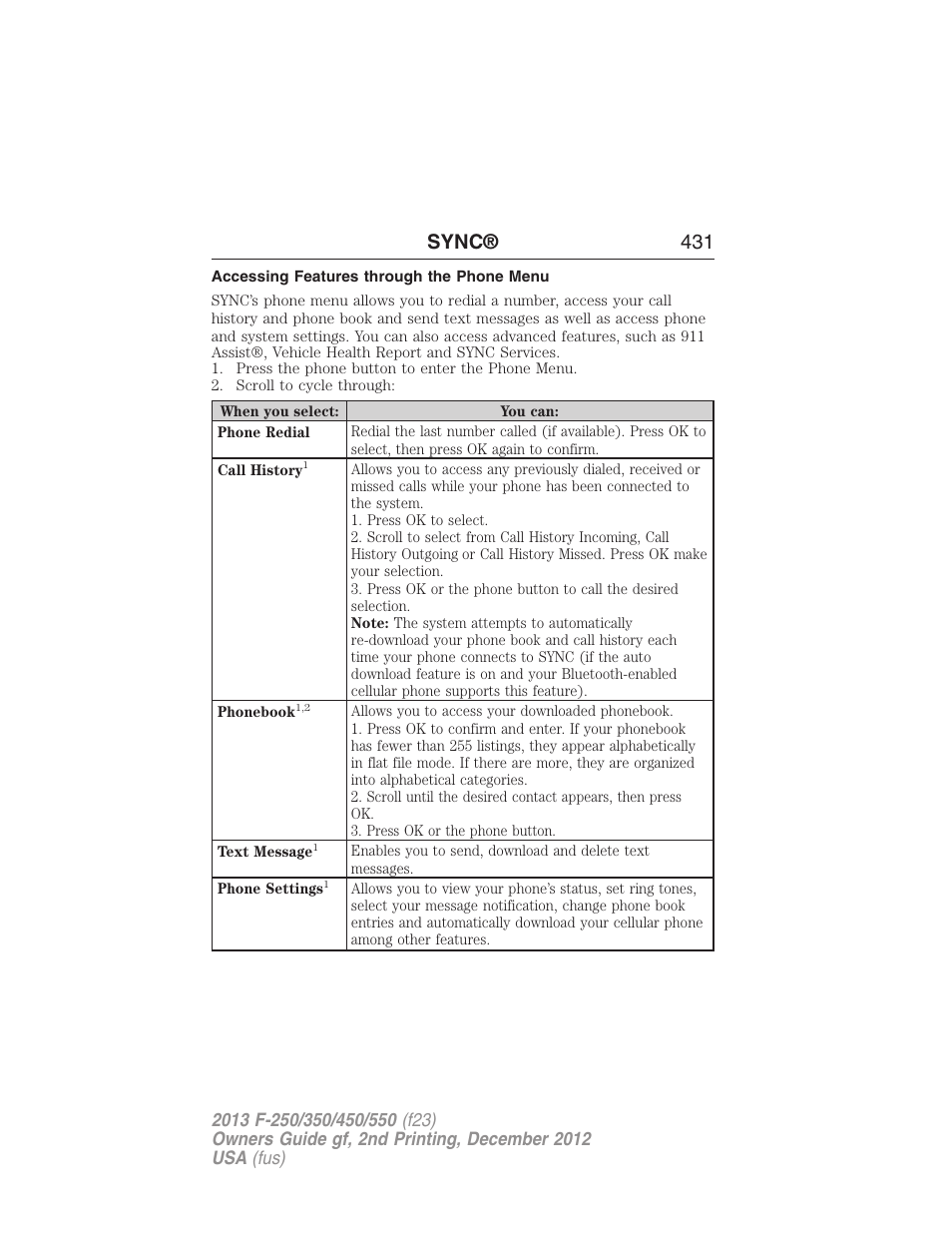 Accessing features through the phone menu, Sync® 431 | FORD 2013 F-550 v.2 User Manual | Page 432 / 579