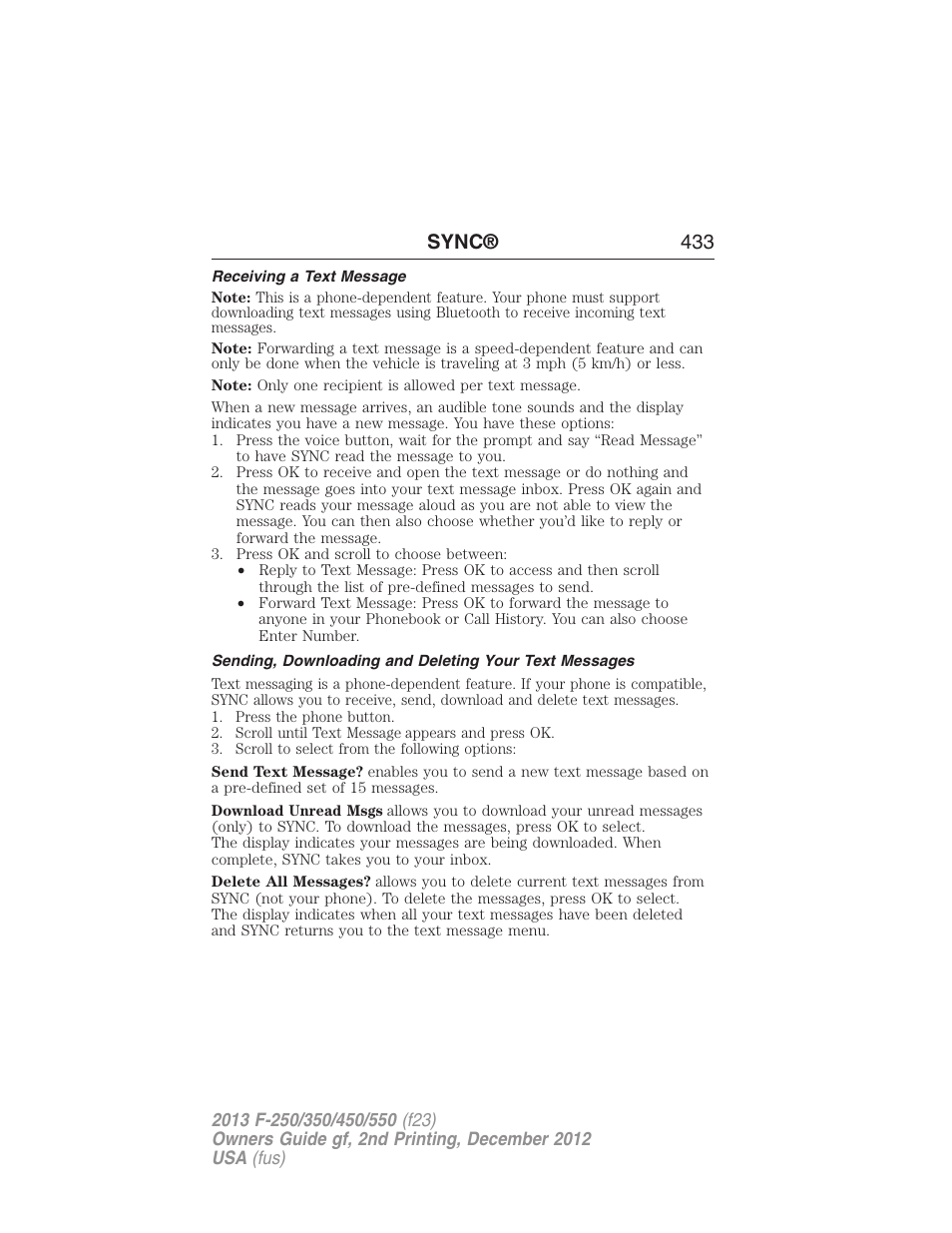 Receiving a text message, Sync® 433 | FORD 2013 F-550 v.2 User Manual | Page 434 / 579