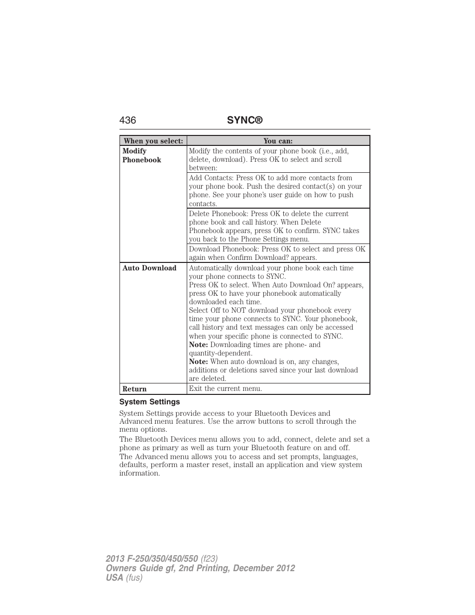 System settings, 436 sync | FORD 2013 F-550 v.2 User Manual | Page 437 / 579