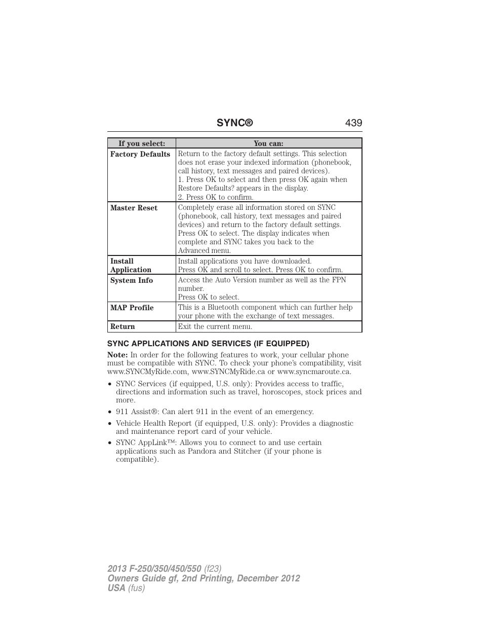 Sync applications and services (if equipped), Sync® 439 | FORD 2013 F-550 v.2 User Manual | Page 440 / 579