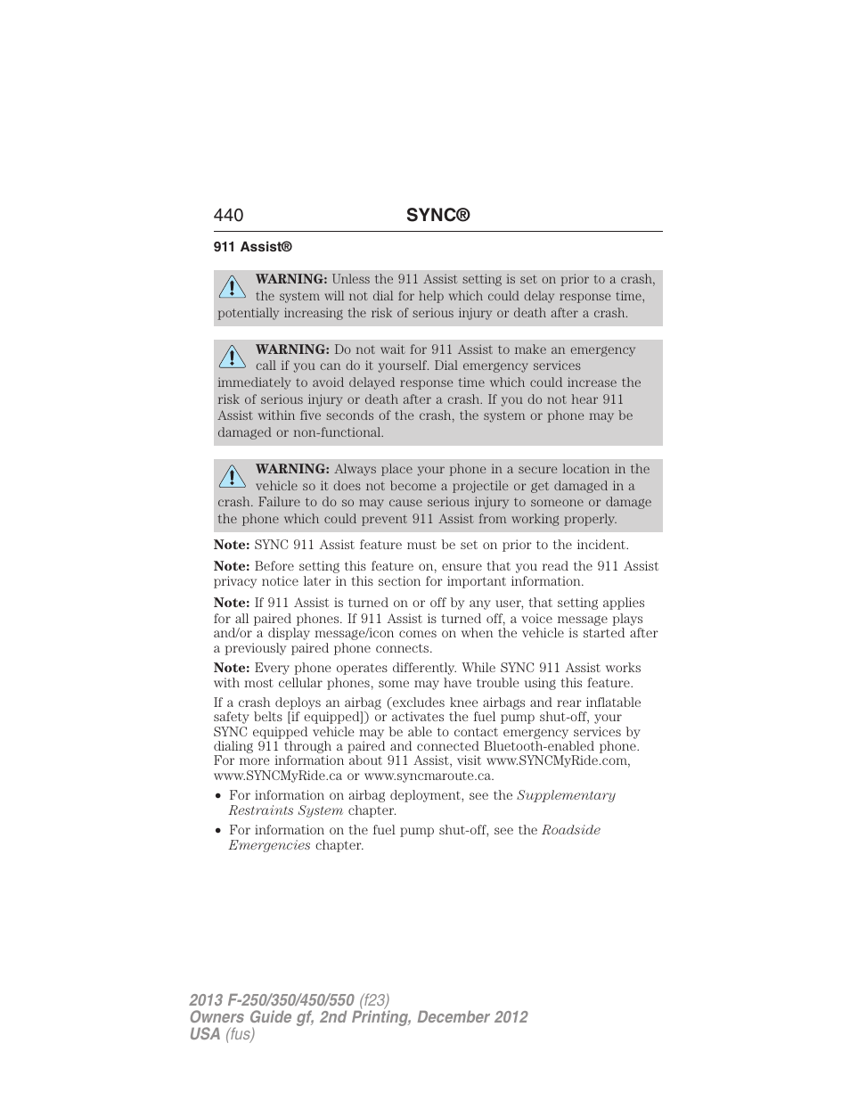 911 assist, 440 sync | FORD 2013 F-550 v.2 User Manual | Page 441 / 579