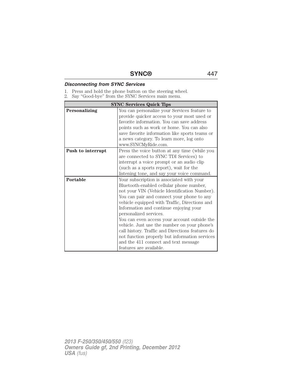 Disconnecting from sync services, Sync® 447 | FORD 2013 F-550 v.2 User Manual | Page 448 / 579