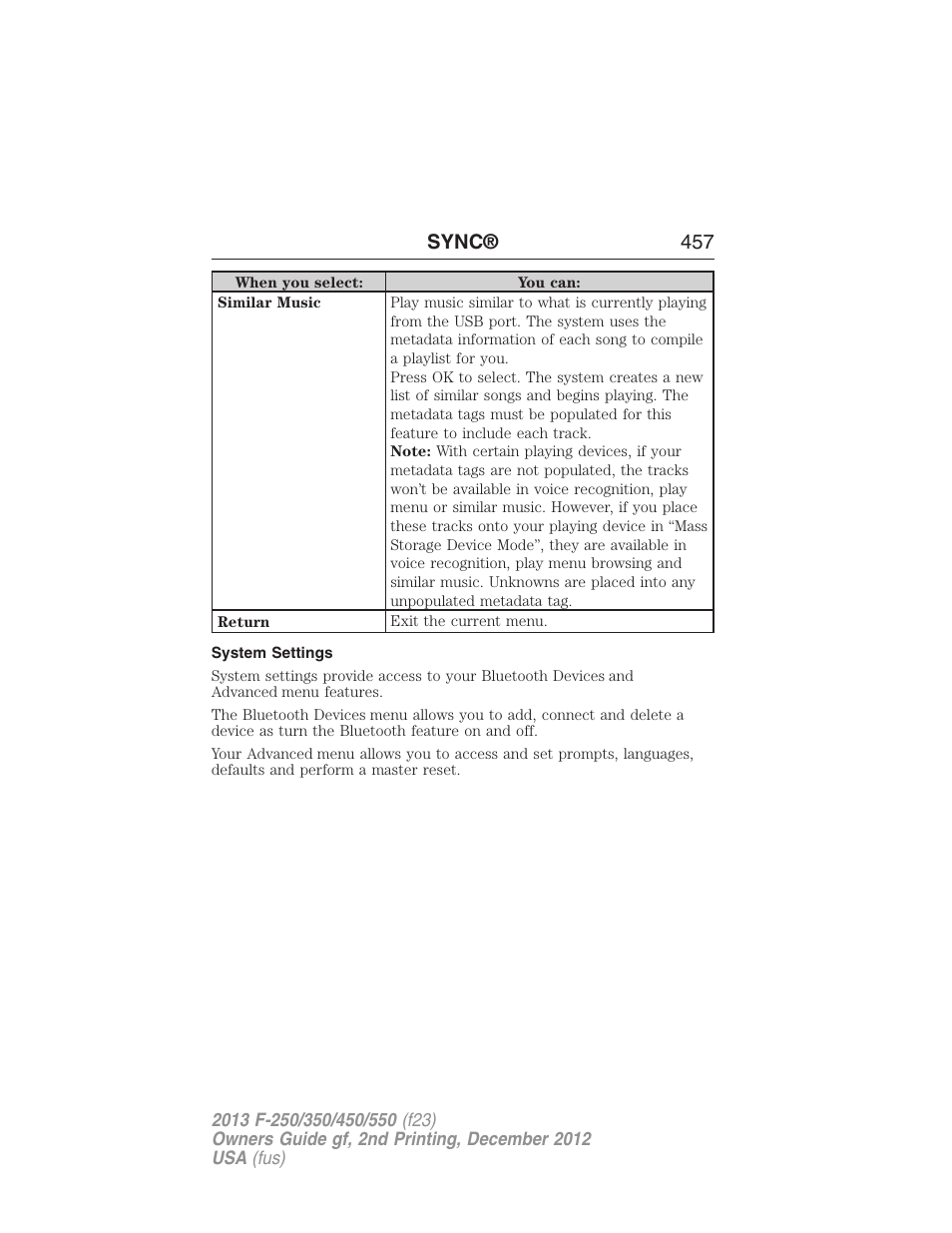 System settings, Sync® 457 | FORD 2013 F-550 v.2 User Manual | Page 458 / 579