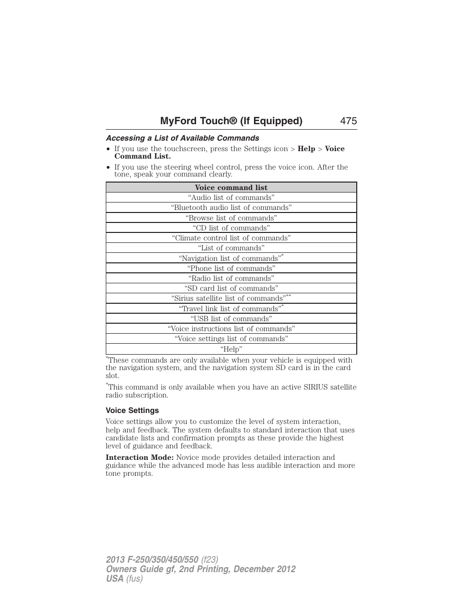 Accessing a list of available commands, Voice settings, Myford touch® (if equipped) 475 | FORD 2013 F-550 v.2 User Manual | Page 476 / 579