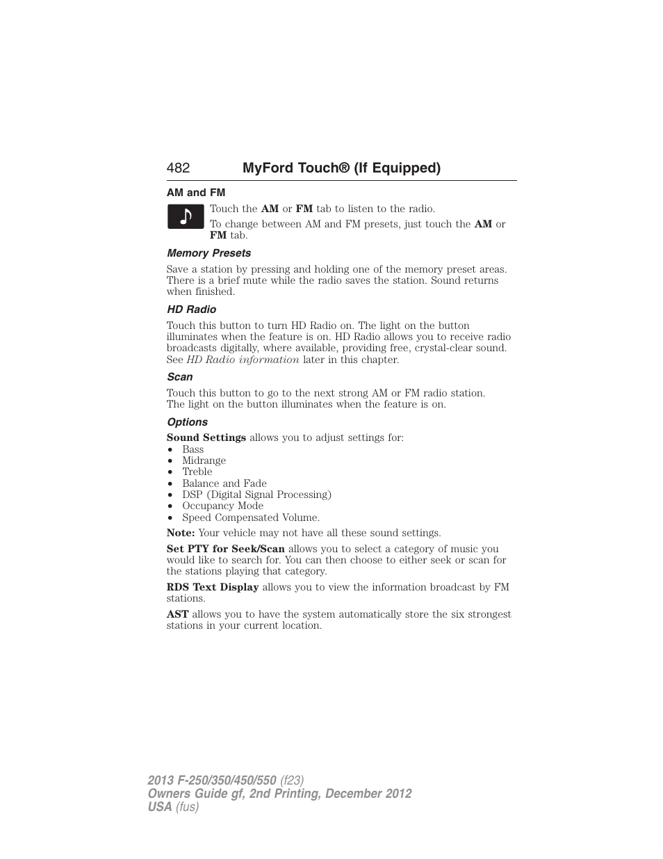 Am and fm, Memory presets, Hd radio | Scan, Options, 482 myford touch® (if equipped) | FORD 2013 F-550 v.2 User Manual | Page 483 / 579