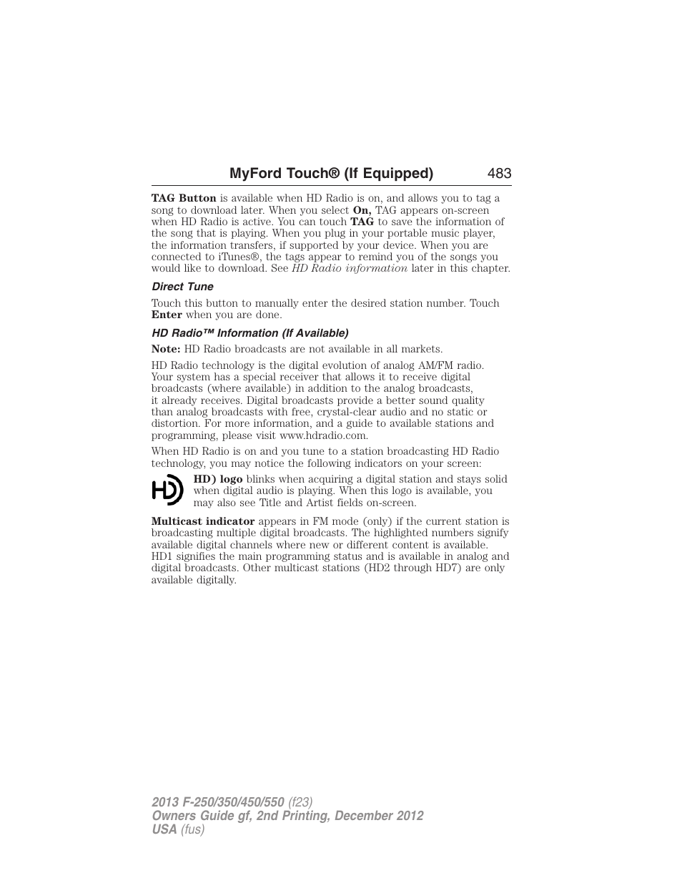 Direct tune, Hd radio™ information (if available), Myford touch® (if equipped) 483 | FORD 2013 F-550 v.2 User Manual | Page 484 / 579