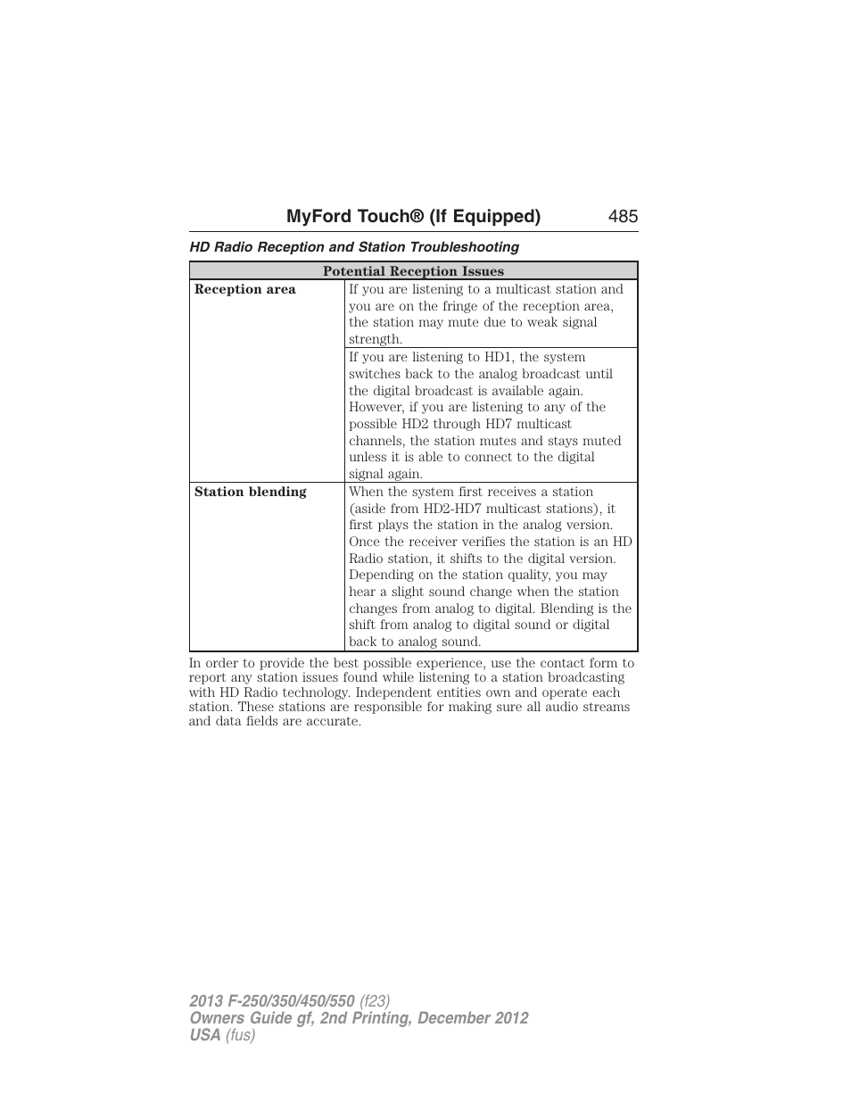 Hd radio reception and station troubleshooting, Myford touch® (if equipped) 485 | FORD 2013 F-550 v.2 User Manual | Page 486 / 579