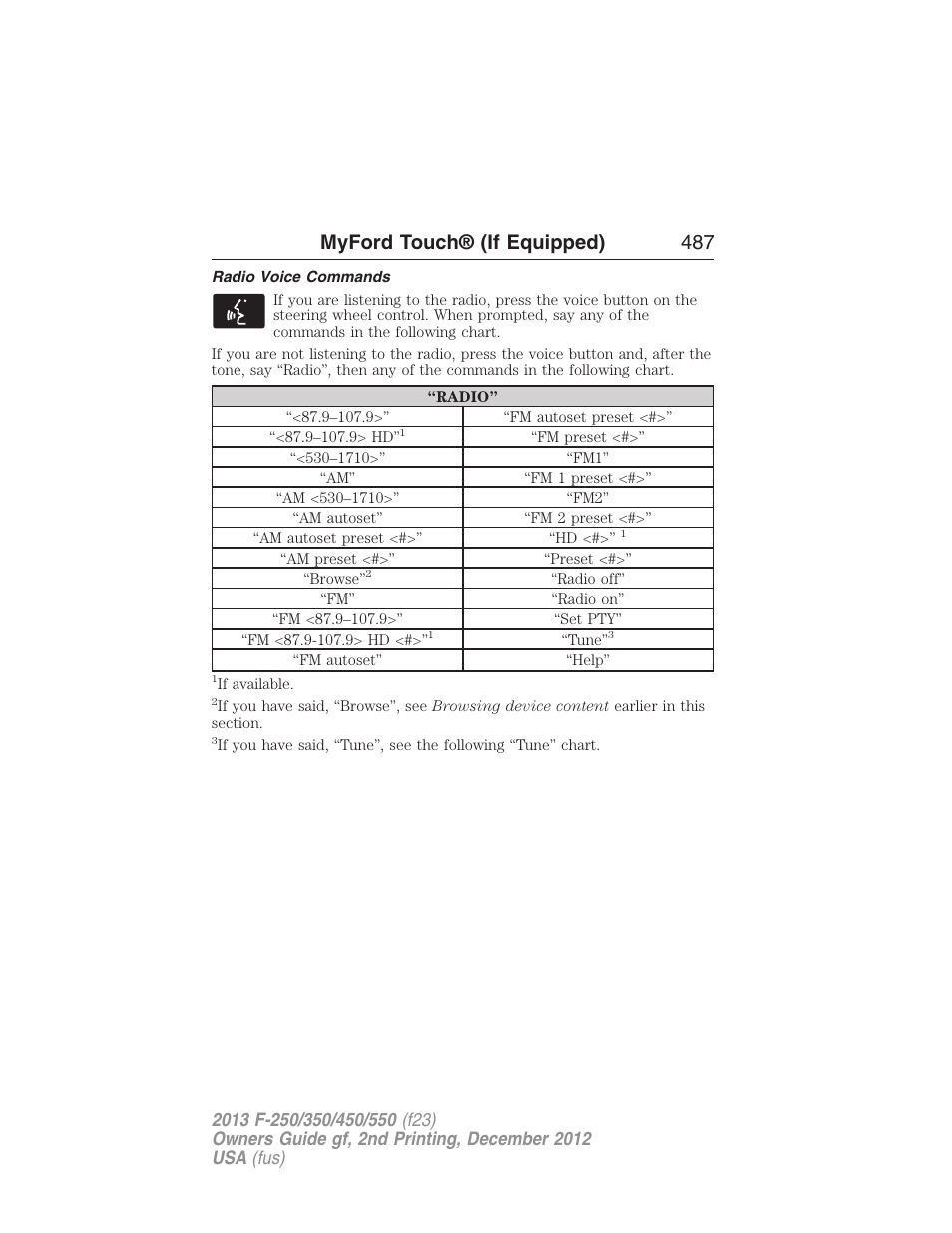 Radio voice commands, Myford touch® (if equipped) 487 | FORD 2013 F-550 v.2 User Manual | Page 488 / 579