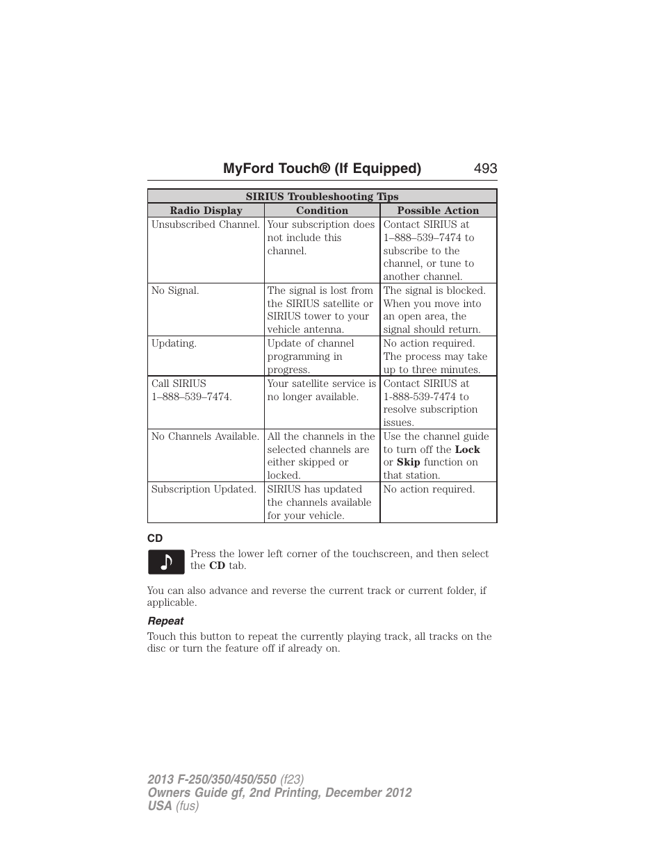 Repeat, Myford touch® (if equipped) 493 | FORD 2013 F-550 v.2 User Manual | Page 494 / 579