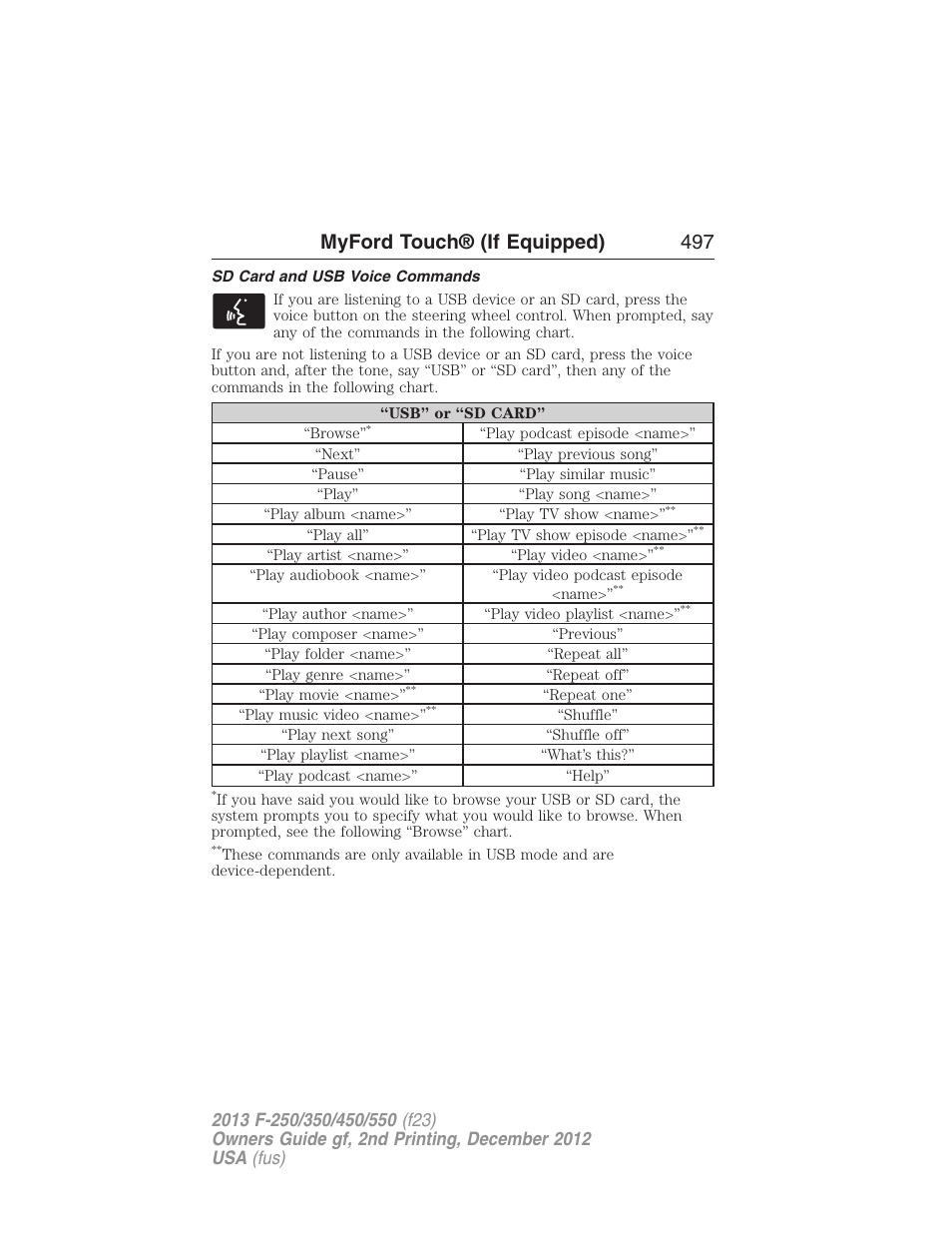 Sd card and usb voice commands, Myford touch® (if equipped) 497 | FORD 2013 F-550 v.2 User Manual | Page 498 / 579