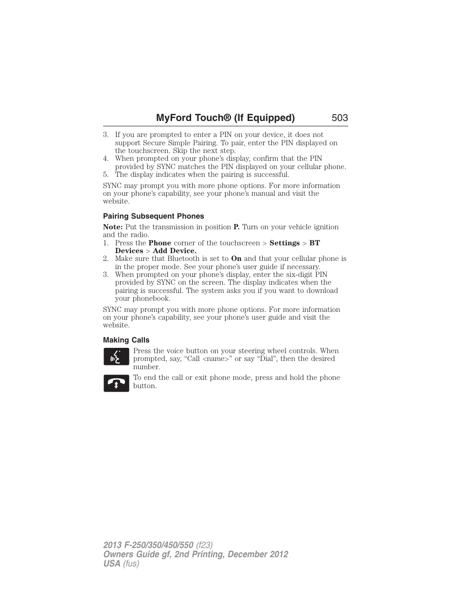 Pairing subsequent phones, Making calls, Myford touch® (if equipped) 503 | FORD 2013 F-550 v.2 User Manual | Page 504 / 579