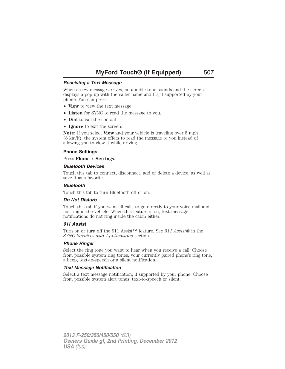 Receiving a text message, Phone settings, Bluetooth devices | Bluetooth, Do not disturb, 911 assist, Phone ringer, Text message notification, Myford touch® (if equipped) 507 | FORD 2013 F-550 v.2 User Manual | Page 508 / 579