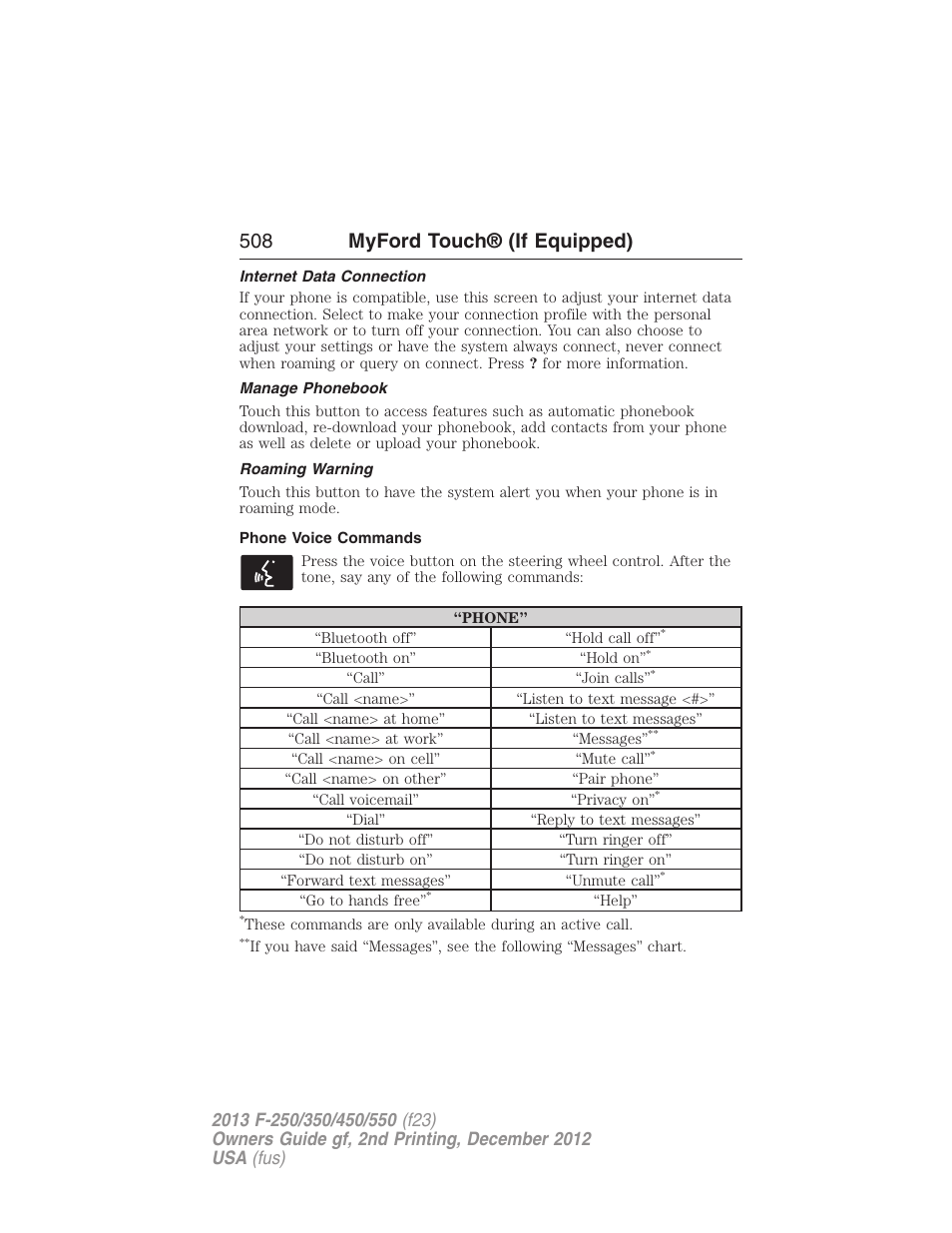 Internet data connection, Manage phonebook, Roaming warning | Phone voice commands, 508 myford touch® (if equipped) | FORD 2013 F-550 v.2 User Manual | Page 509 / 579