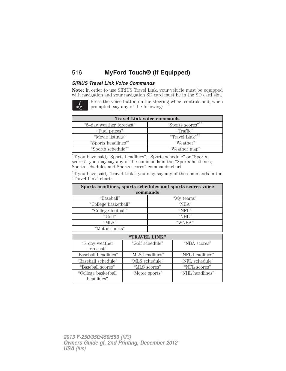 Sirius travel link voice commands, 516 myford touch® (if equipped) | FORD 2013 F-550 v.2 User Manual | Page 517 / 579