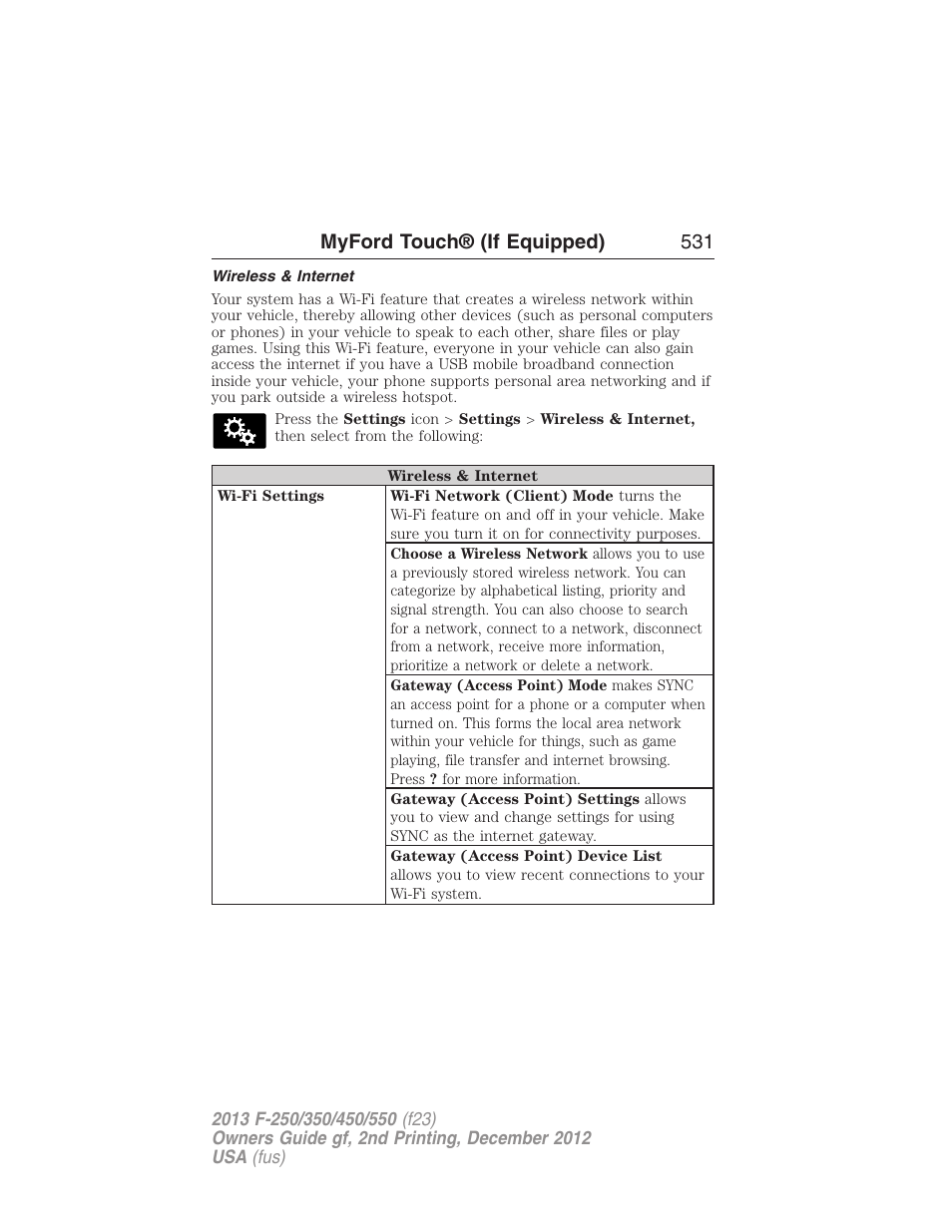 Wireless & internet, Myford touch® (if equipped) 531 | FORD 2013 F-550 v.2 User Manual | Page 532 / 579