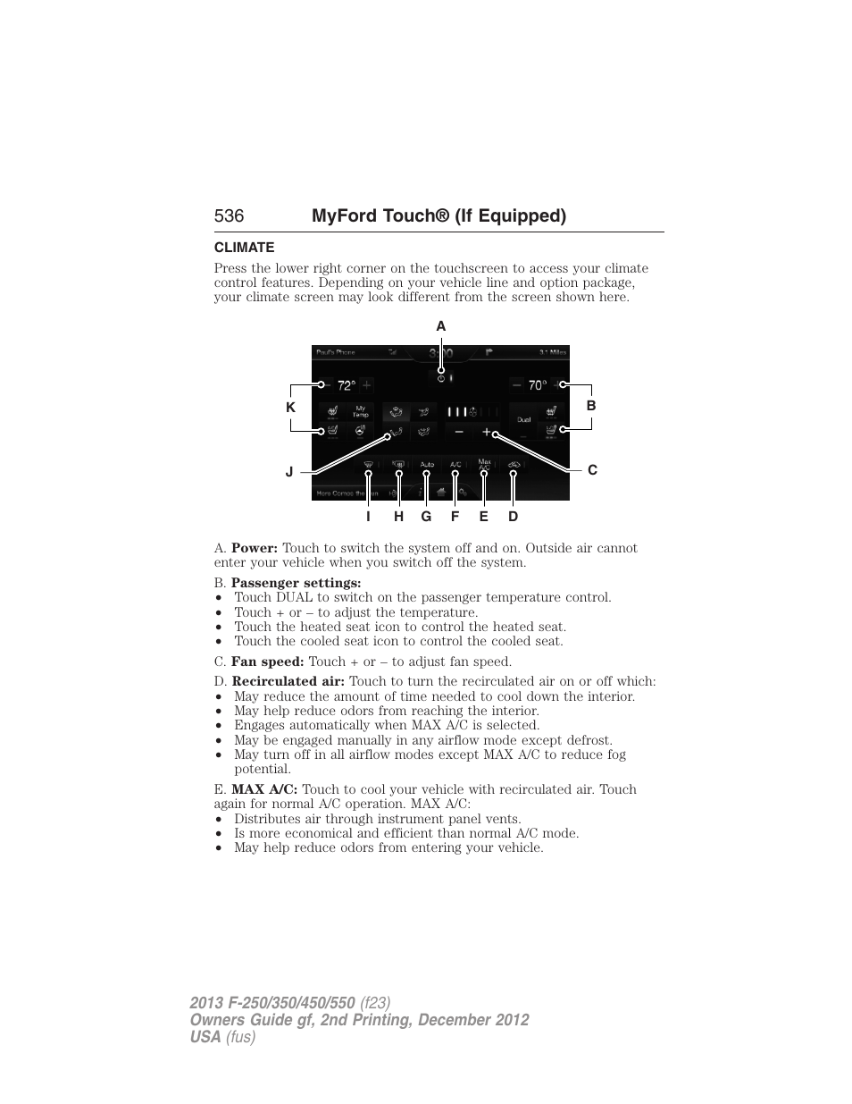 Climate, Climate features, 536 myford touch® (if equipped) | FORD 2013 F-550 v.2 User Manual | Page 537 / 579