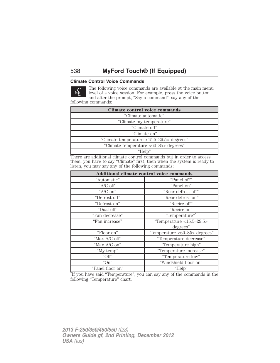 Climate control voice commands, 538 myford touch® (if equipped) | FORD 2013 F-550 v.2 User Manual | Page 539 / 579
